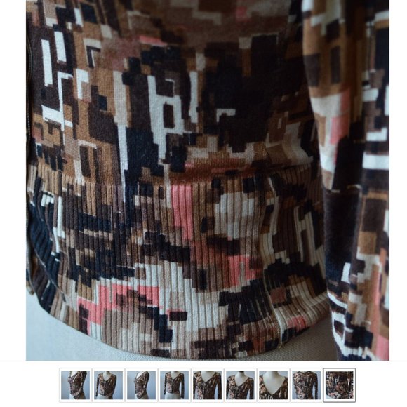 Women Cropped Blouse Cashmere|Silk Long Sleeve Geometric V Neck - Picture 6 of 7